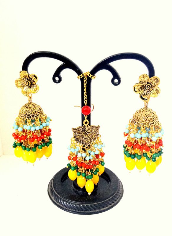 Trending Jhalar Jhumka Tikka Set Alloy Earring Set