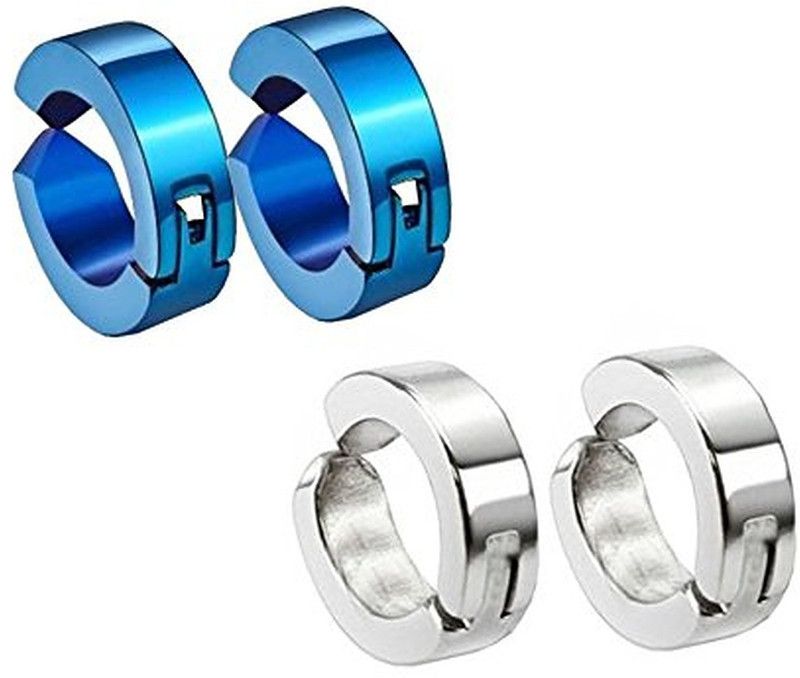 Combo of Blue+Silver Non-Pierced Earring (2 Pair) for Mens/Boys/Girls/Womens/Unisex Metal Stud Earring