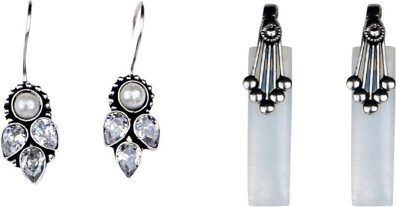 COMBO OF AMERICAN DIAMOND OXIDIZED SILVER LOOKALIKE WHITE STONE FISH HOOK AND WHITE STONE STUD EARRINGS Cubic Zirconia Brass Earring Set