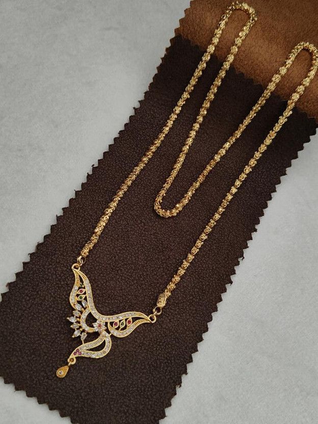 24" INCH-LONG CHANDRAMUKHI CHAIN PENDANT FOR WOMEN/GIRLS. A.D. STUDDED PENDANT. Gold-plated Plated Brass Necklace
