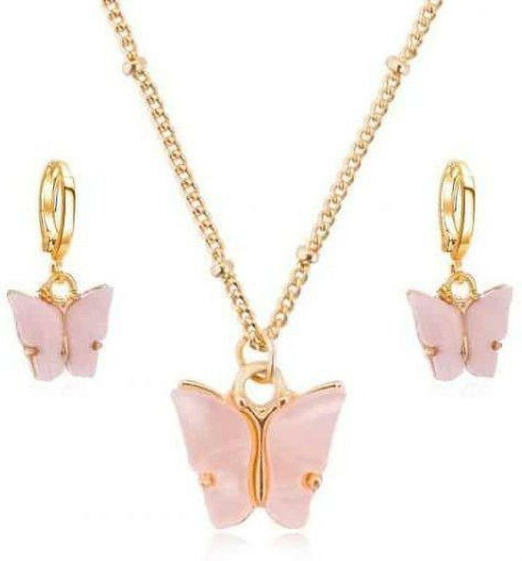 Pink Butterfly Design Gold-plated Locket Metal Pendant Gold-plated Metal Pendant Set