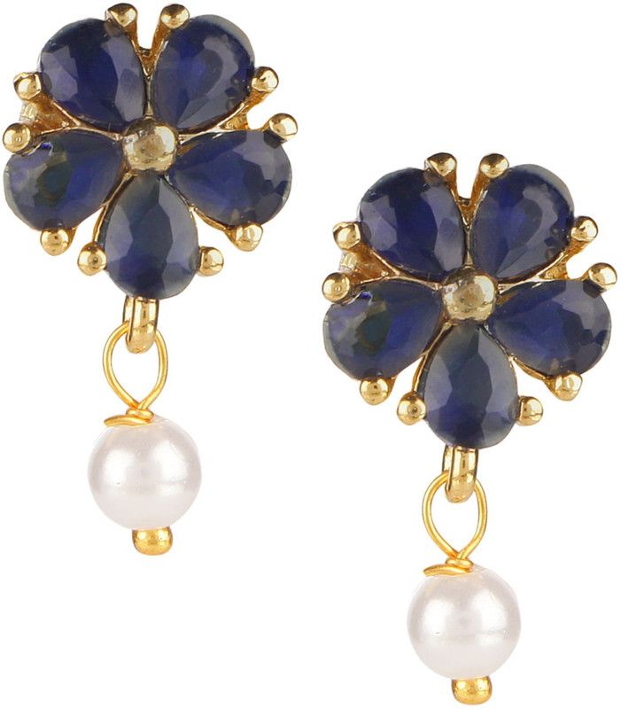 Efulzenz Fashion Stylish Ethnic Trendy Fancy Party Wear Gold Plated Blue Cubic Zirconia Pearl Drop Stud Earrings Jewellery Set Cubic Zirconia Alloy Drops & Danglers