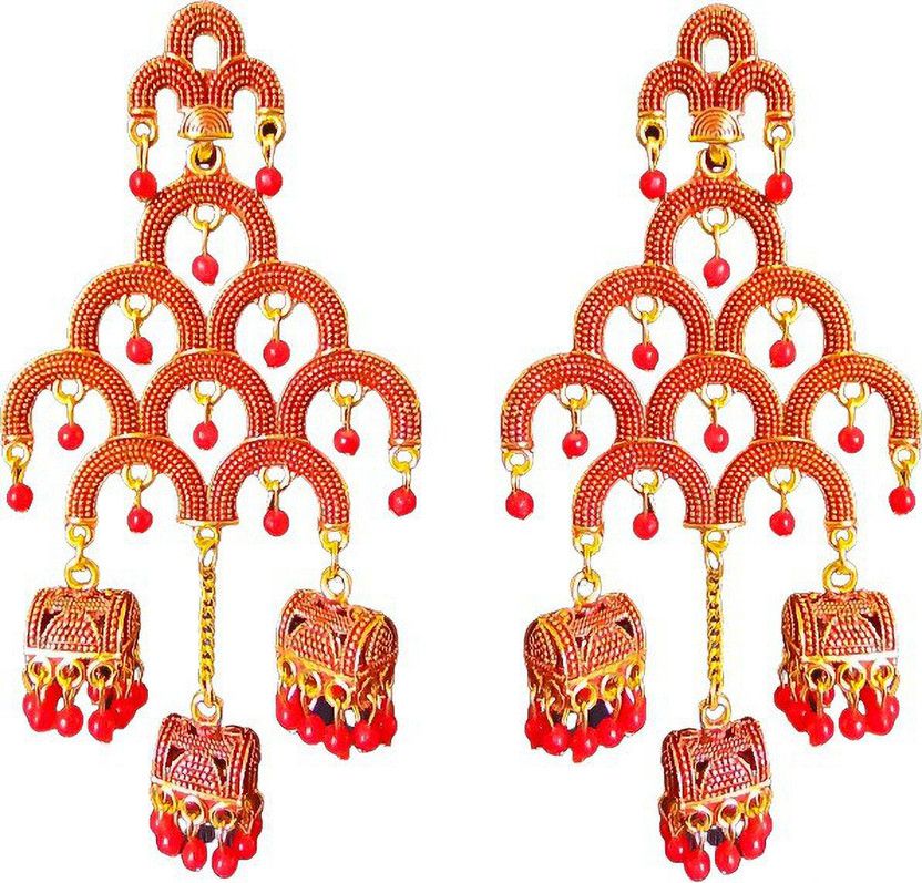 Jhumka- Red & Golden Alloy Jhumki Earring, Drops & Danglers
