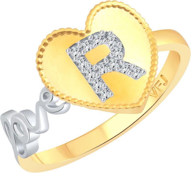 Valentine Love "R" Letter in Heart Alloy Cubic Zirconia Gold Plated Ring