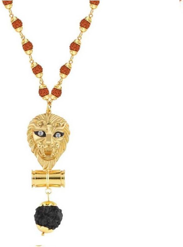 Lord Shiv Damru With Tiger Face Pendant With Puchmukhi Rudraksha Mala (8MM 36Beads) Gold-plated Plated Wood Chain Gold-plated Brass, Wood Locket