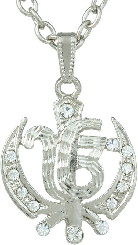CZ Studded Ek Omkar Khanda, Sikh sardar Punjabi Khalsa chain pendant necklace for Men and Women Silver Cubic Zirconia Brass Pendant