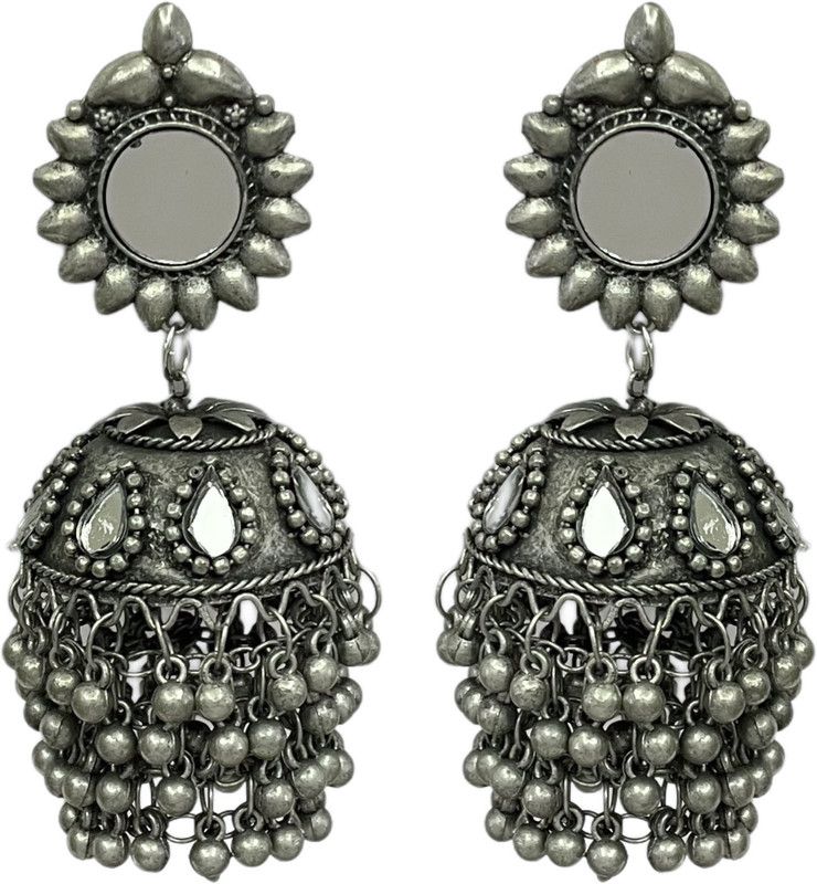 Trendy Silver Oxidized Mirror Jhumka, Black Polish Jhumka, For Women And Girls - Brass Chandbali Earring, Jhumki Earring, Tassel Earring, Drops & Danglers, Stud Earring