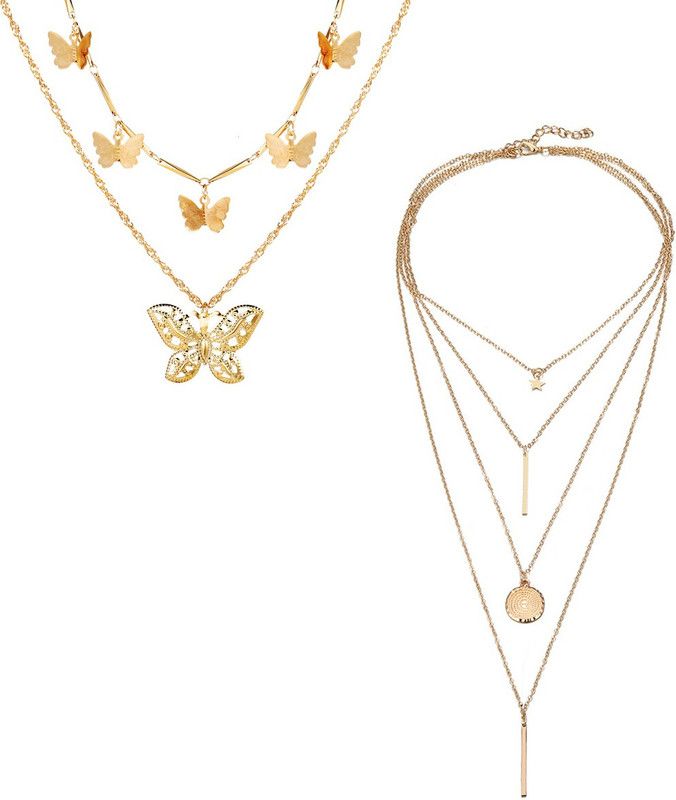 Pack of 2 Gorgeous Gold Plated Layered Star Coin Line & Butterfly Pendant Necklace For Women And Girls Gold-plated Plated Alloy Layered