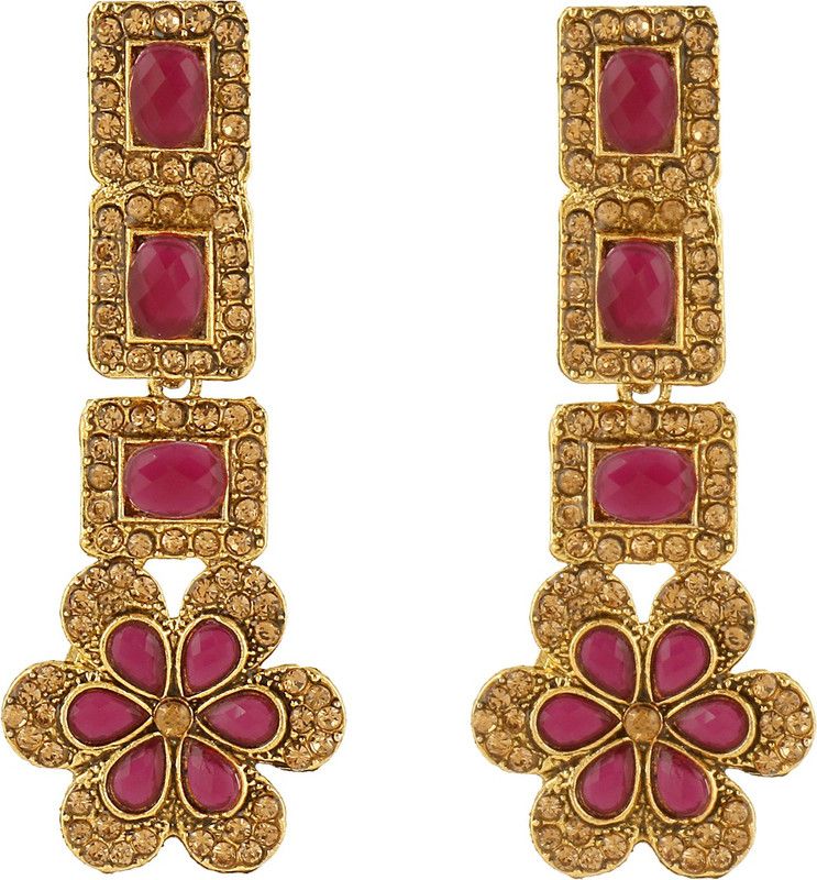 Elegant Flower Design Maroon Stone Dangle Earring For Women Brass Drops & Danglers