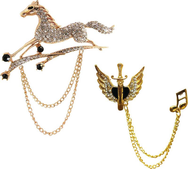 Aarohi Gold Plated Dancing Horse Crystal Brooch & Musical Sword with Angel Wing Brooch Brooch  (Gold, Black, White)