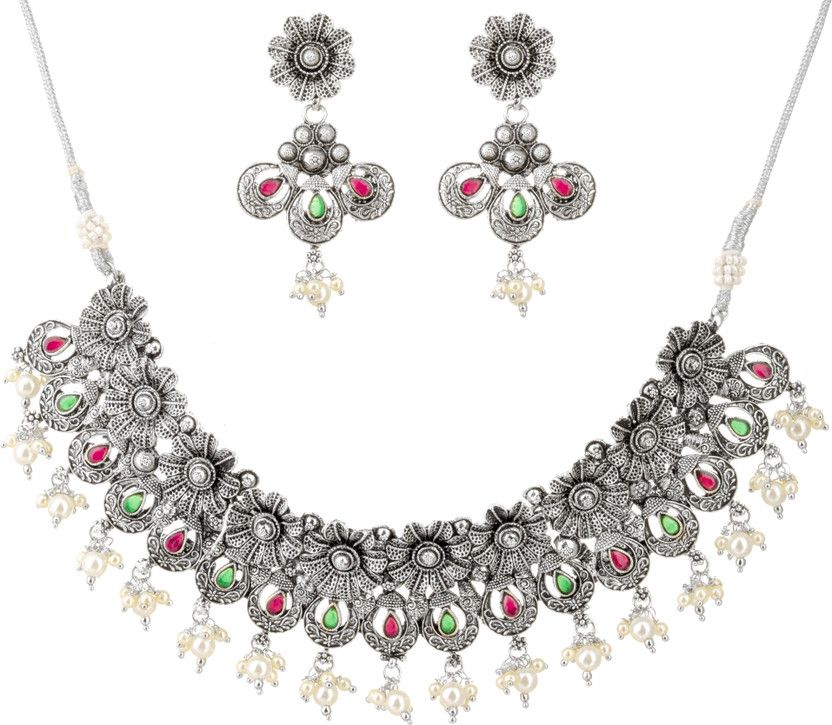 Alloy Silver Silver, Green, Pink Jewel Set  (Pack of 1)