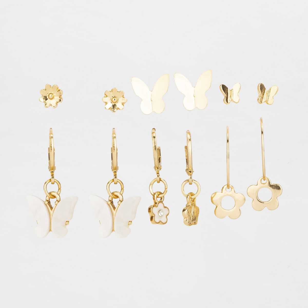 6 Pack Butterfly Stud and Hoop Earrings - White and Gold Look