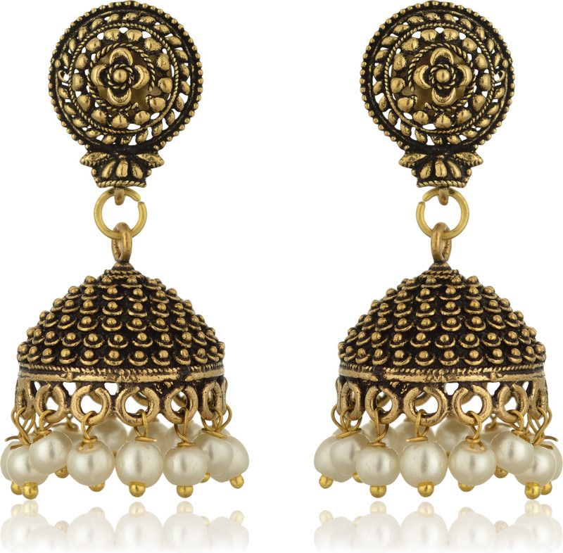 Reeti Fashions - Traditional oxidized jhumkaa with Black and Gold with pearl danglisngs Metal Jhumki Earring