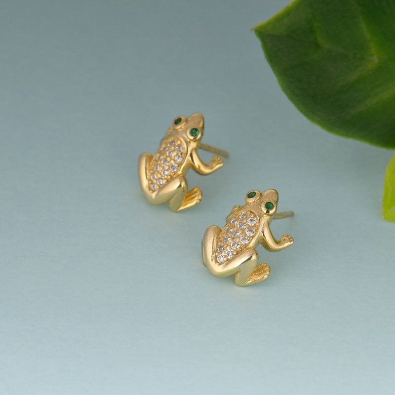Sterling Silver Golden Marriage of Frogs Earrings for Women and Girls Zircon Sterling Silver Stud Earring