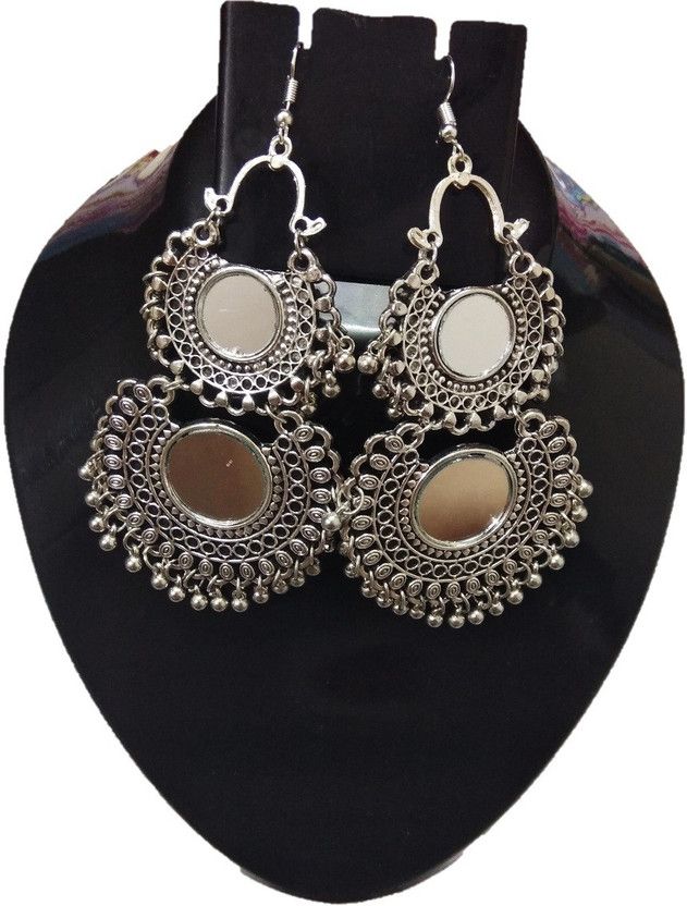 GERMAN SILVER DOUBLE MIRROR DANGLER EARRINGS German Silver Chandbali Earring