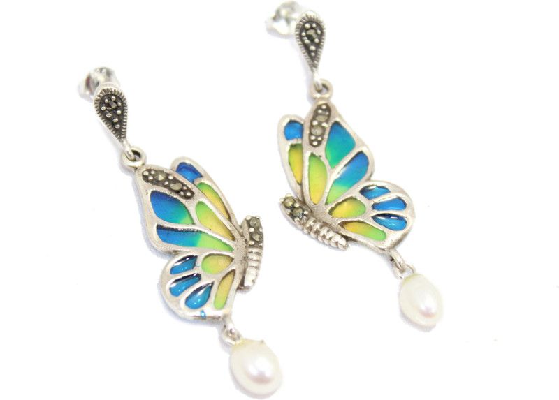 Dangle Butterfly Earrings 925 Sterling Silver Marcasite & Pearl Stones Enamel B Pearl Sterling Silver, Enamel Drops & Danglers