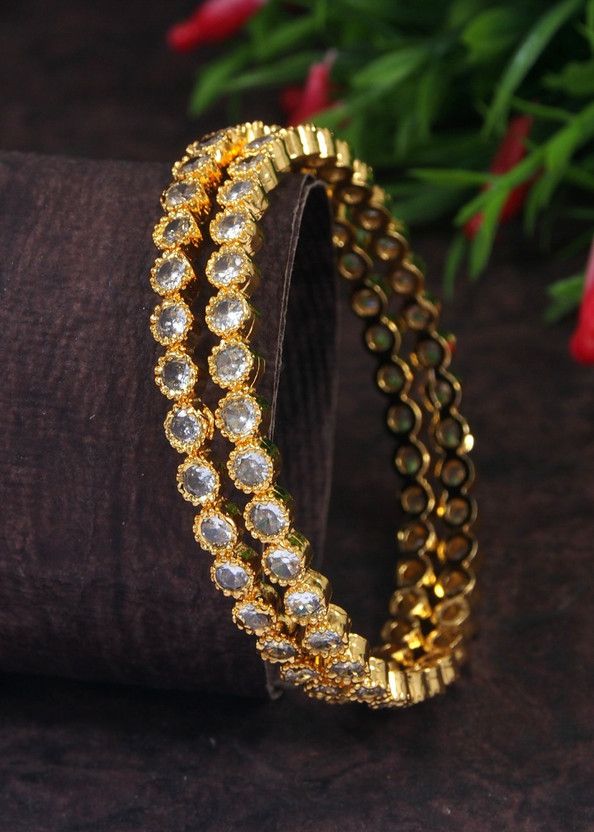 Brass Cubic Zirconia, Diamond Silver Bangle Set  (Pack of 2)