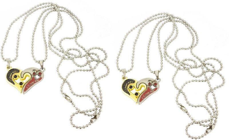 (Set Of 2 Pcs) Valentine's Day Special Metal Multicolor Stainless Steel I Love You Broken Romantic Heart Love Couple 2 In 1 Beautiful Duo Locket Pendant Necklace With Chain For Boy's And Girl's Silver Stainless Steel