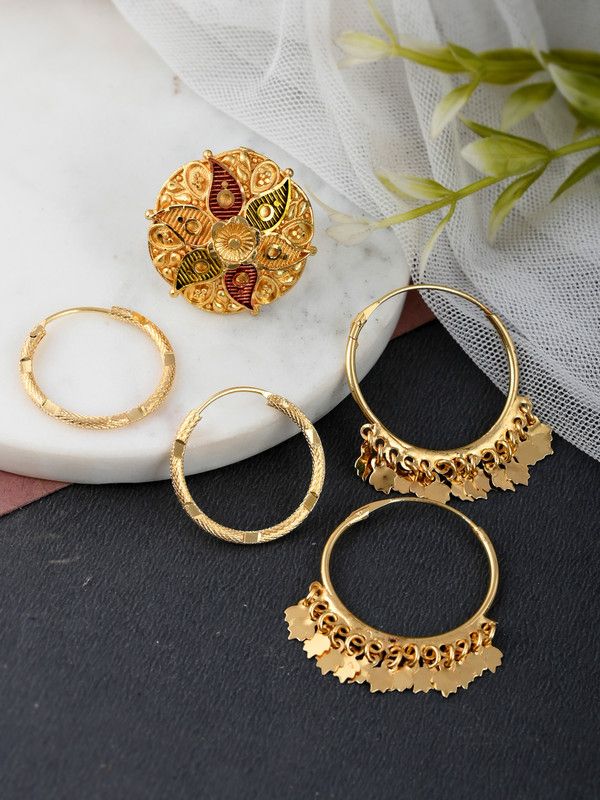 Combo of 3 Gold Plated Meenakari Angoothi And Hoop earrings Brass Gold Plated Ring