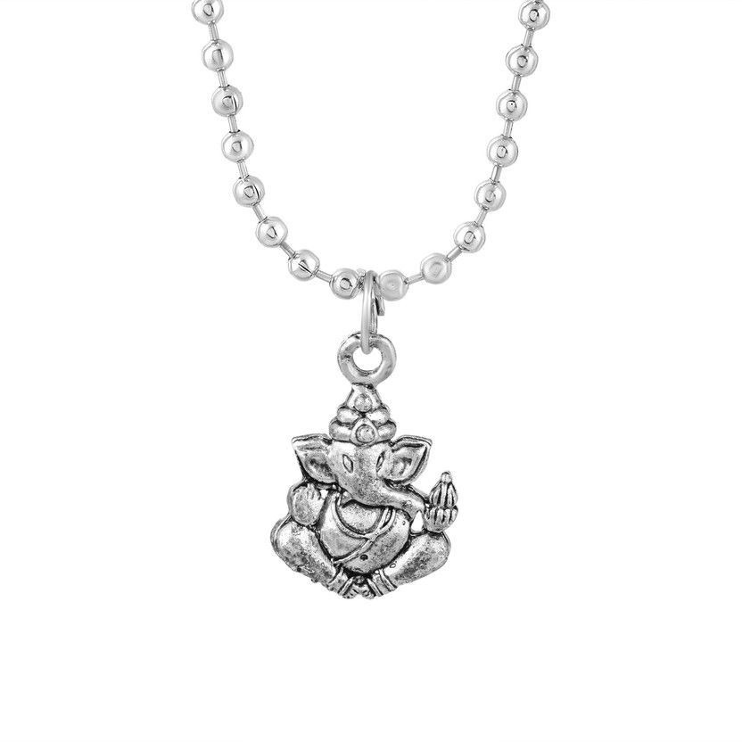 Silver Plated Cute Small Ganesh Ganapati Vinayak Ganesh EK DANT Brass Pendant with Silver plated Ball chain Pendant Necklace Religious Jewelry for Men/Women Silver Brass Pendant