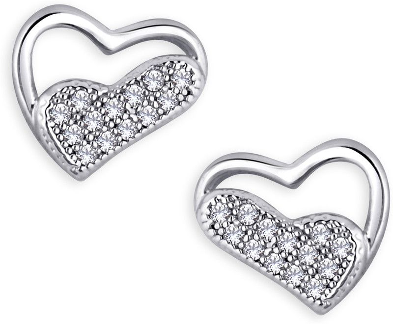 Alamod Silver Plated Heart Shaped Tops Earring For Women Cubic Zirconia Brass Stud Earring