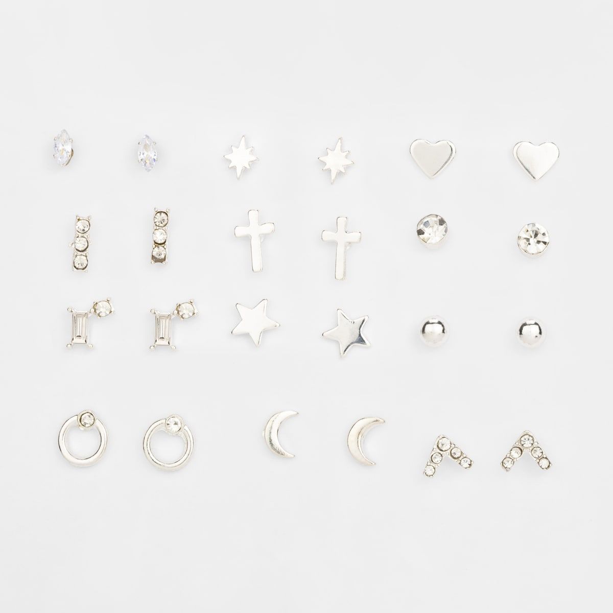 12 Pack Diamante and Cross Stud Earrings - Silver Look