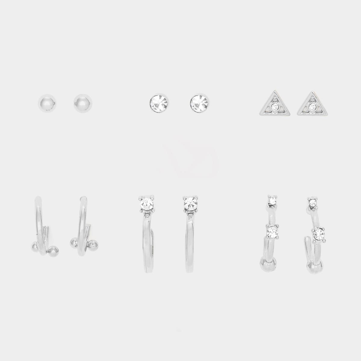 6 Pack Diamante Stipple Earrings - Silver Look