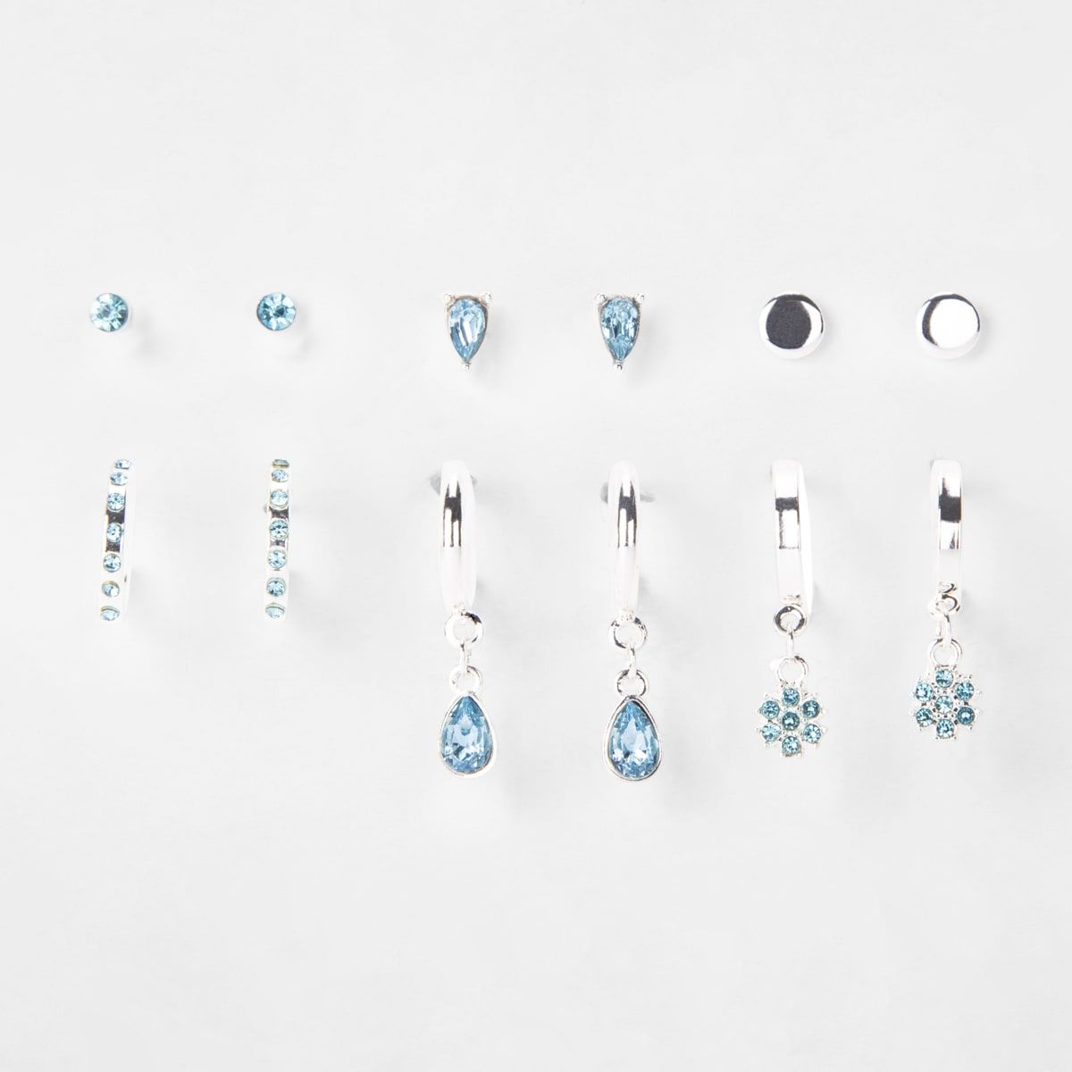Multipack Diamante Stud and Hoop Earrings - Blue and Silver Look