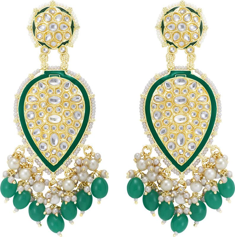 Gold Plated Crystal Design Green White Pearl Dangle Traditional Earrings Set for Women Alloy Earring Set