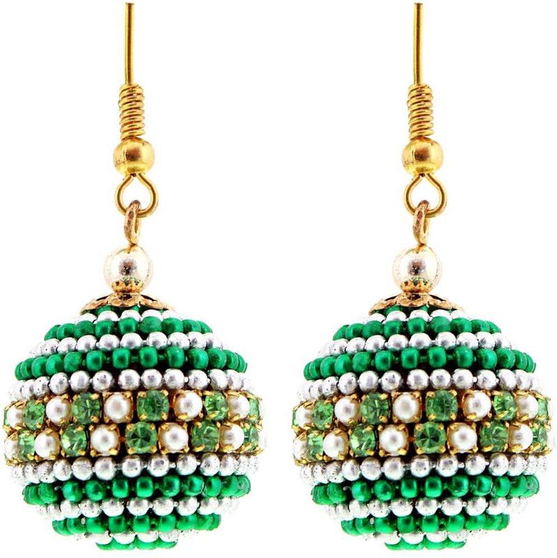 Halowishes Handmade Paper Quilling Green N Silver Ball Jhumki Diamond Paper Jhumki Earring
