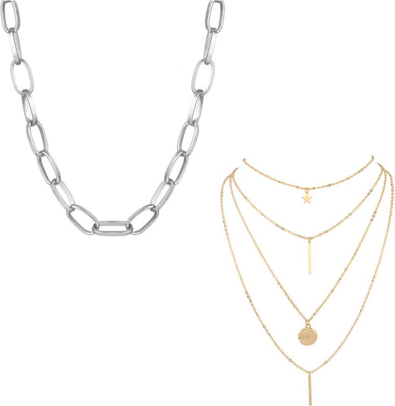 Pack of 2 Gold Silver Star Coin Line Chunky Chain Necklace Gold-plated Plated Alloy Layered