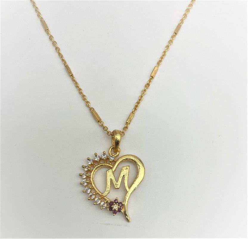 Excellent Finished Valentine's Pink Flower Heart Initial "M" Letter Gold-plated Latest Style Design New Model Cubic Zirconia Alloy Pendant And Mangalsutras Gold-plated Diamond Alloy Locket Set