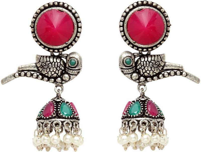 Silver-Plated Pink German Silver Oxidised Peacock Shaped German Silver Jhumki Earring