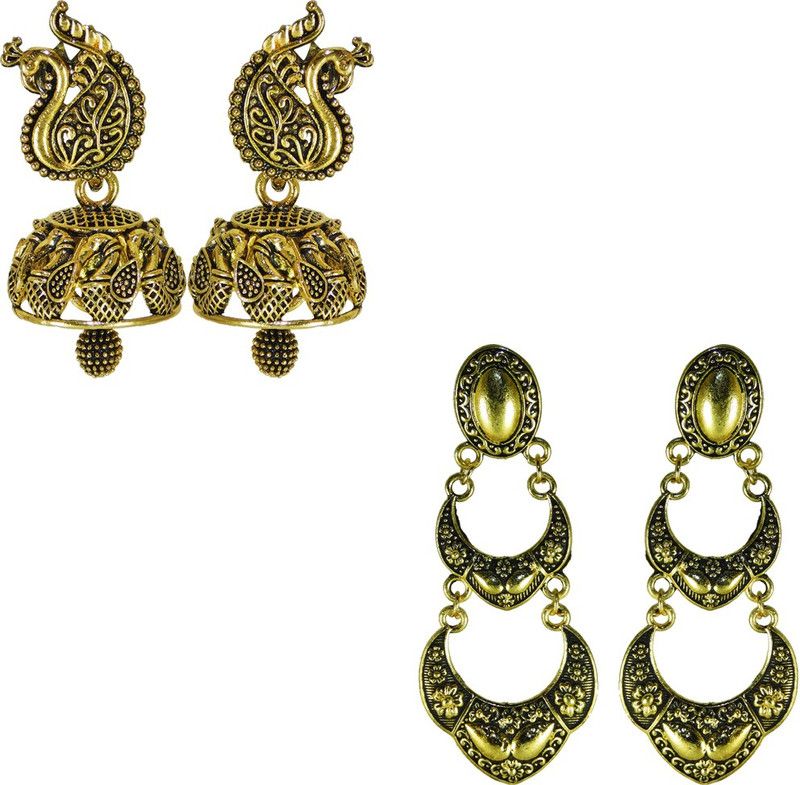 golden earring combo for women stylish golden oxidised earrings combo for girls latest design jhumki Beads Stone, Alloy, Metal Earring Set, Chandbali Earring, Drops & Danglers