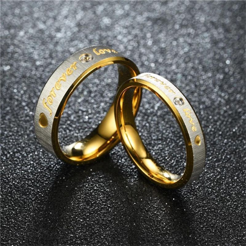 Love Gifts Gold Plated Stainless Steel Size 7 and 9 Couple Ring for Men and Women Stainless Steel Crystal Titanium Plated Ring Set