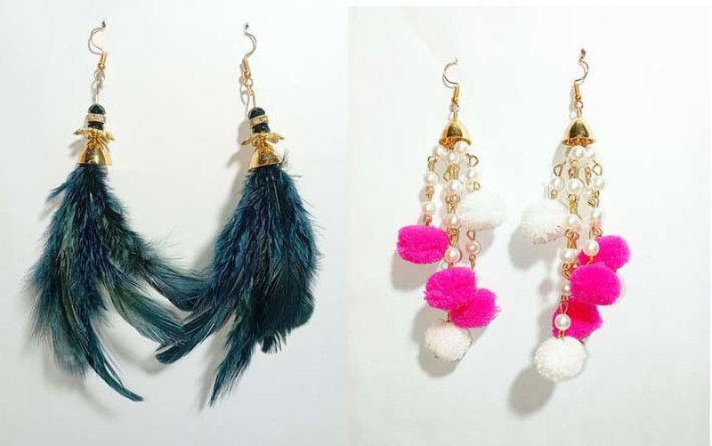 Combo of 2 Black Feather & White with Pink Pom Pom Earrings Beads Alloy Drops & Danglers
