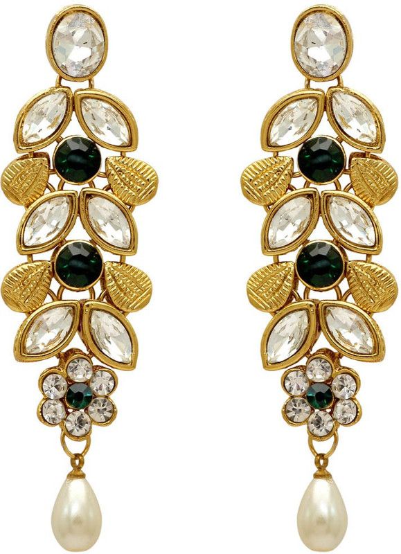 Green Color Kundan Earrings For Girls & Women Alloy Drops & Danglers