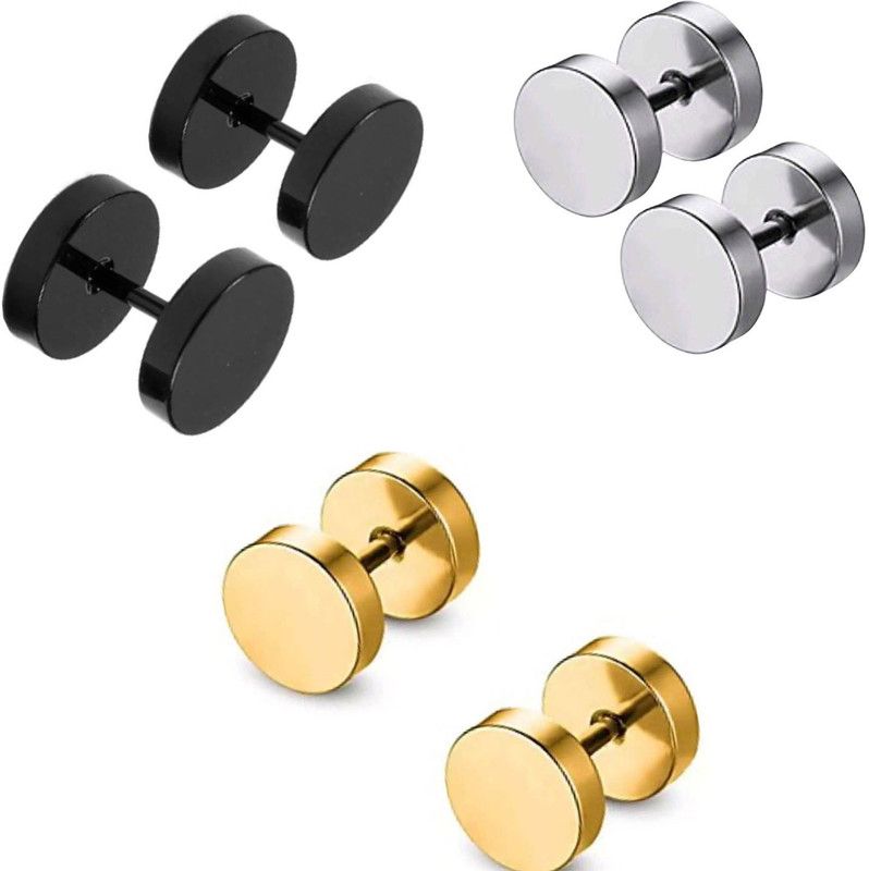 3 Pair Black Gold Silver studs Earring Bali Hoop ComboEarring-44 Metal Stud Earring