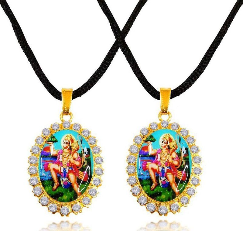 Set Of 2 Oval Nug Mahavir Bajrangbali Sankat Mochan Hanuman Locket Pendant Dori Stainless Steel Pendant