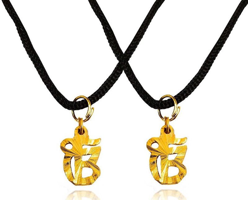 Set Of 2 Golden Ek Onkar Wahe Guru Ji Sikh Logo Locket Pendant With Cotton Dori Stainless Steel Pendant
