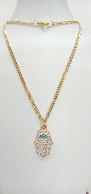 White Coloured Eye Hamsa Hand Desing Pendant necklace Chain for Women and Girls Gold-plated Cubic Zirconia Brass Pendant