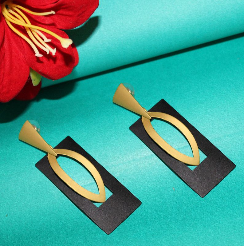 Trendy Black Rectangle And Golden Leaf Design Earrings For Women/Girls Casual Metal Earring Set, Drops & Danglers, Tassel Earring