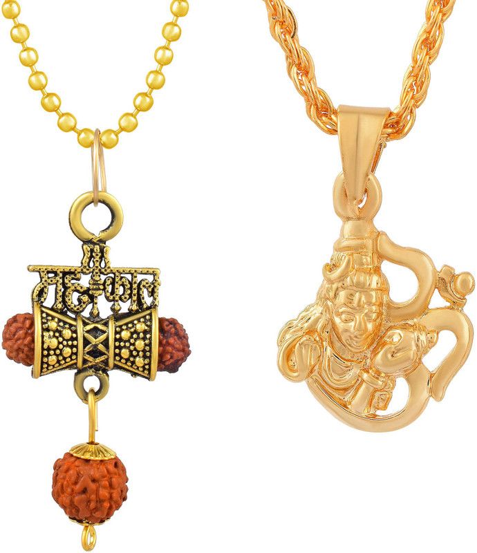Gold Plated Brass Micron, Lord bholenath Symbol in Om with Shiva and Rudraksha in Mahakaal word in Hindi, Mahadev, Combo Pendant Locket for Men and Women Gold-plated Brass Pendant