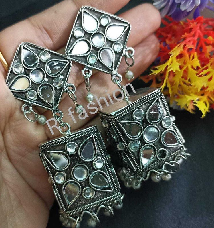 roxidised silver afghani style mirror jhumka earrings Brass Jhumki Earring