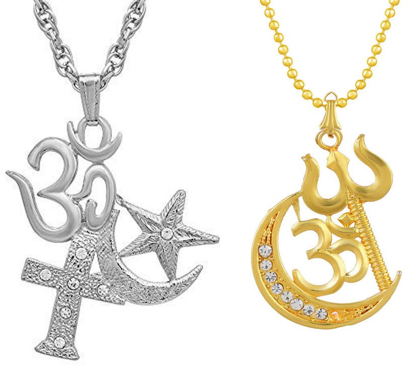 Gold and Silver Plated Brass CZ, All in One, Trishul Allah Moon and Om Pendant, Combo Necklace Pendant Locket for Men and Women Gold-plated Cubic Zirconia Brass Pendant