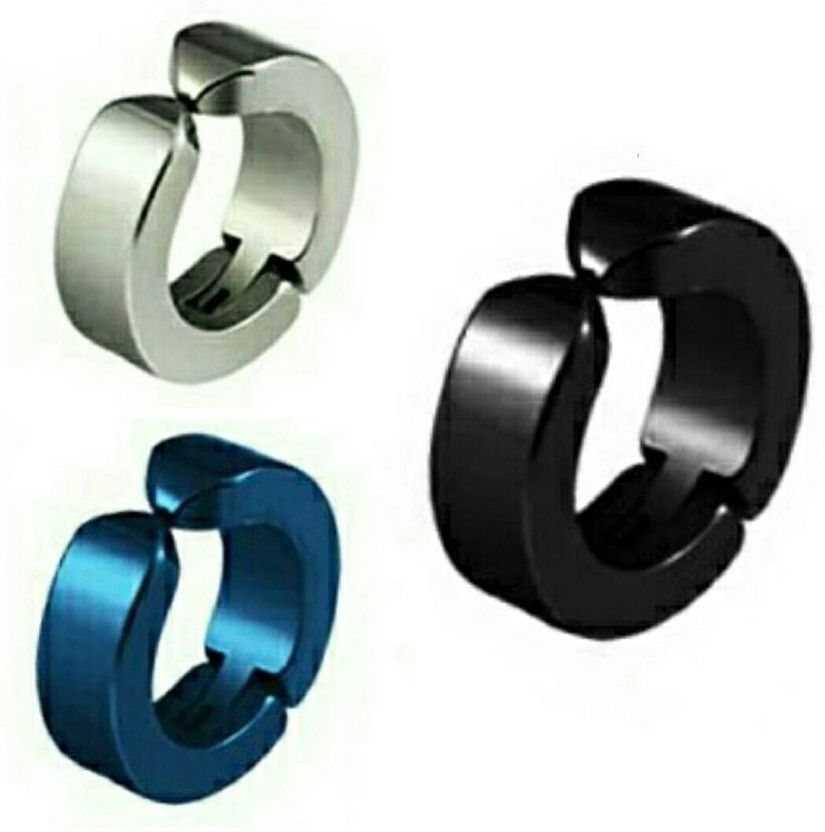 Combo of Black, Blue & Silver Color Stainless Steel Non Pierced Stud Earring for Men/Boys/Girls/Women/Unisex (3Pcs) Stainless Steel Stud Earring, Clip-on Earring