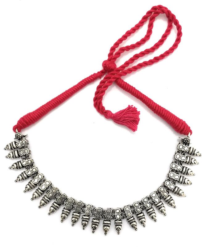 Athizay Red Thread Tribal Necklace Antique Texture Black Silver Plated Metal Choker