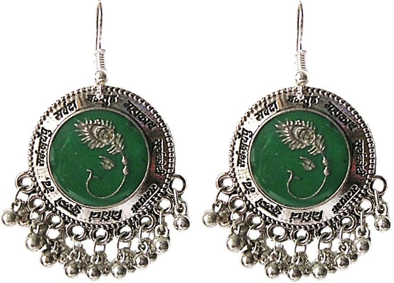 Auspicious Religious Chanting Engraved green Beads Resin, Sterling Silver Stud Earring