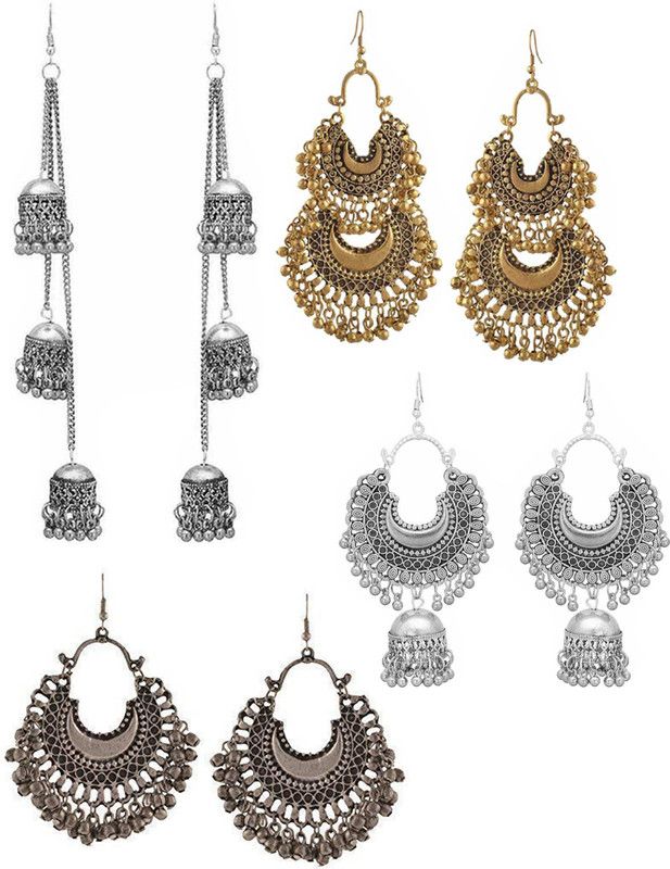 Pack of 4 Classic Golden & Silver layered and hanging Chandbali Jhumki Earrings Alloy Jhumki Earring, Chandbali Earring, Drops & Danglers