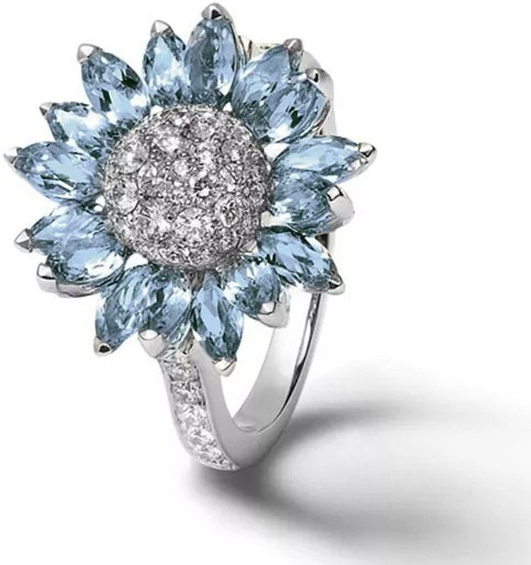 Blue Crystal Sunflower Design Silver Plated Rings For Women And Girls Alloy Crystal Silver Plated Ring